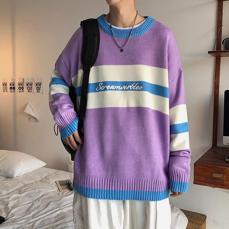 

2020 Autumn And Winter New Youth Popular Men's Loose Color Matching Striped Sweater Fashion Casual Round Neck Pullover, Green
