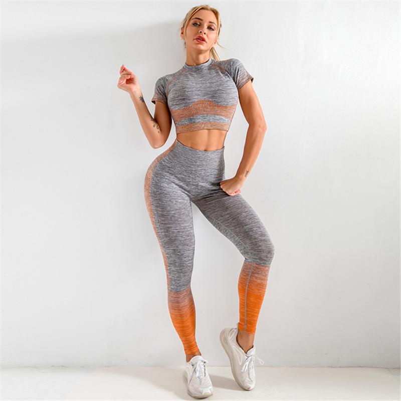 

Seamless Women Yoga Set Fitness Leggings Pants Tight Sportswear Elasticity Sport Suits Gym Two Piece Woman Yoga Clothes, 2pcs--gray green