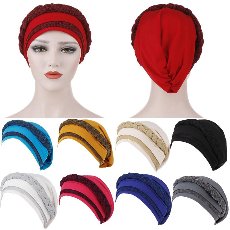

Women Muslim Turban Cap Glitter Twisted Braid Hair Loss Head Wrap Stretch Beanies Cancer Chemo Hat Hijab Headscarf, Royal blue