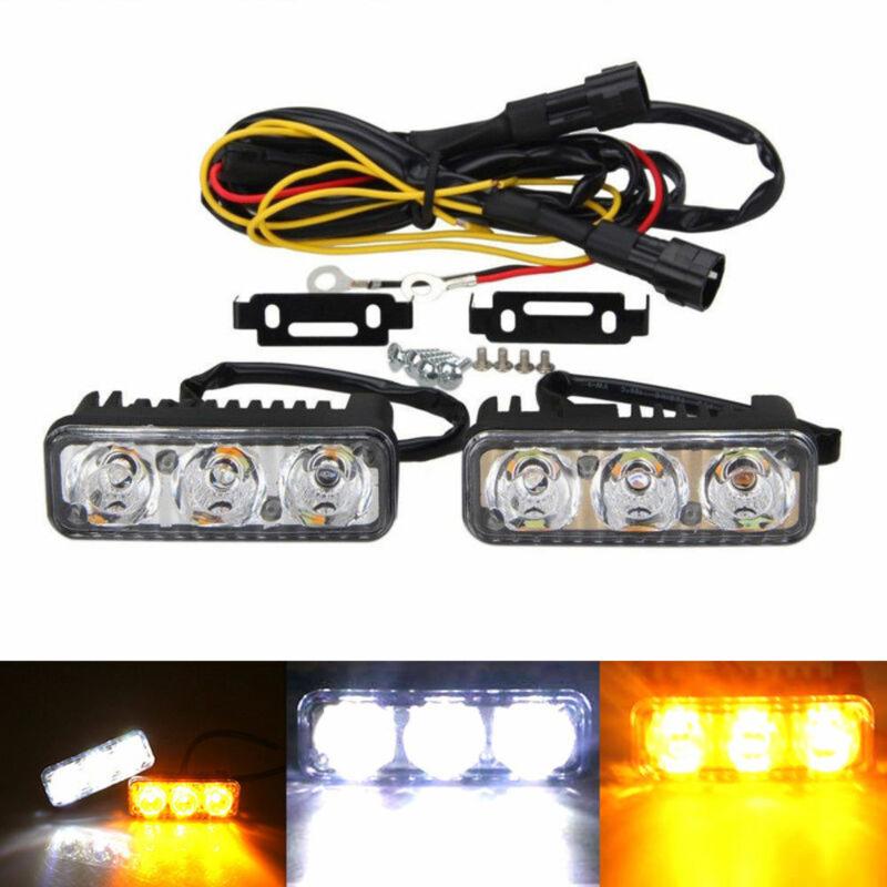 

Universal 2pcs Car Daytime Running Lights 3-LED White DRL Amber Turn Signal Front Fog Lamp Car Styling Accessories, As pic