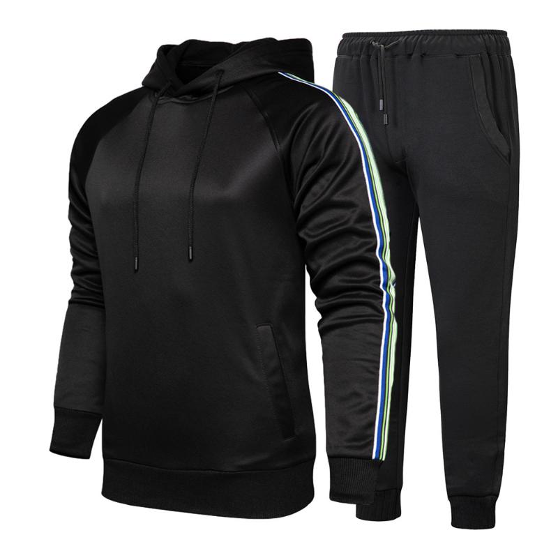 

Spring Autumn Men Tracksuit Striped Hoodies Set Male Causal Two Pieces Sports Suit Sweatshirt + Sweatpants Jogging Sportswear, Black