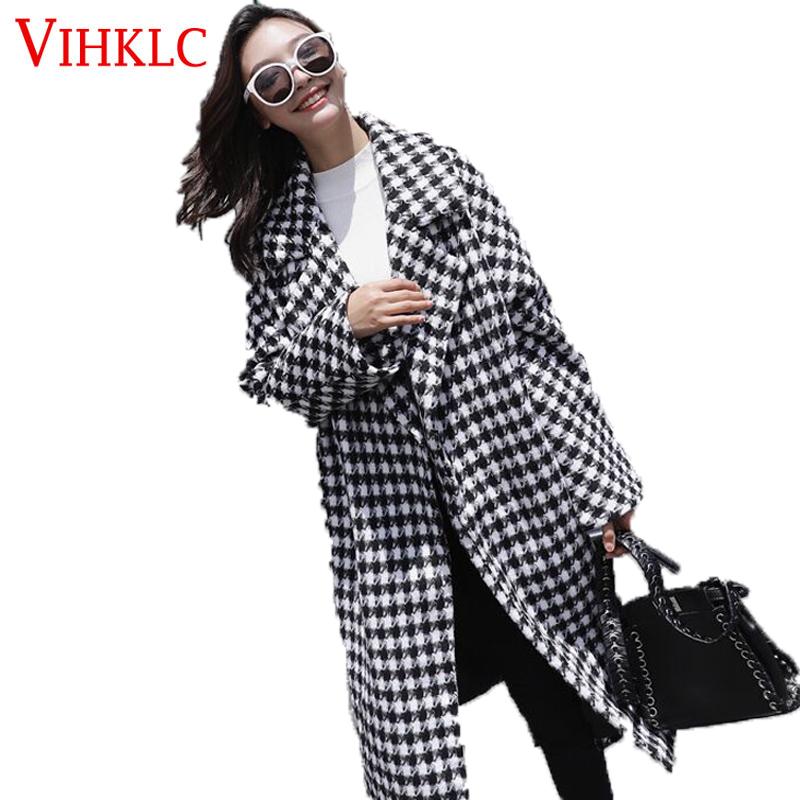 

Europea Spring Winter Women Wool Blends Plaid Coat Femal Thick Turn-Down Striped Printed Long Loose Fashionable Outerwear C415, Picture color