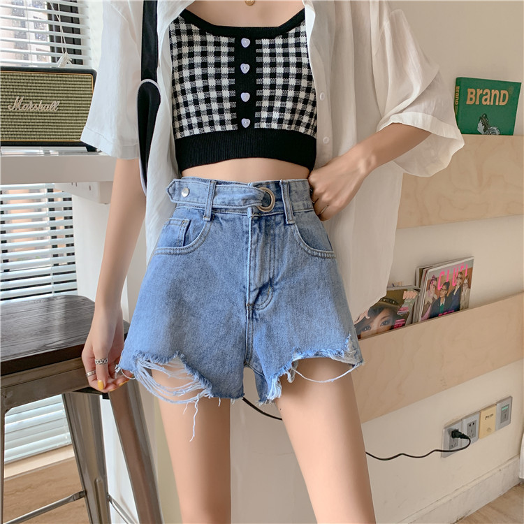 

2021 New summer thin Korean casual high waist legged all-match short light denim hot pants TIVP, Light blue.