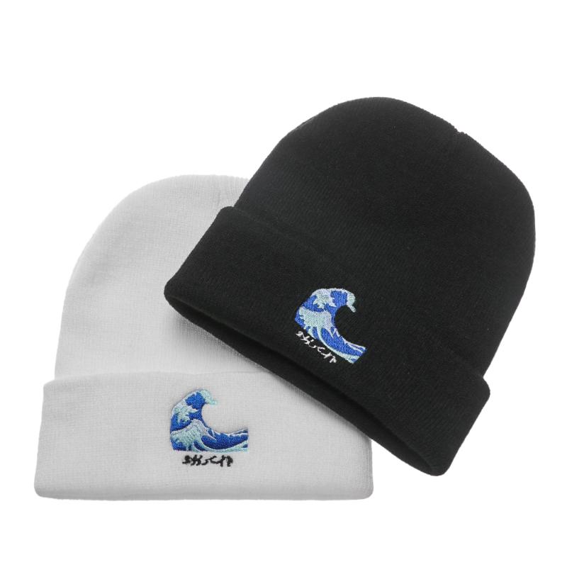 

New Fashion Harajuku Black White Couple Embroidery Beanies warm Hat Men Women Winter Hip hop Cap Hats
