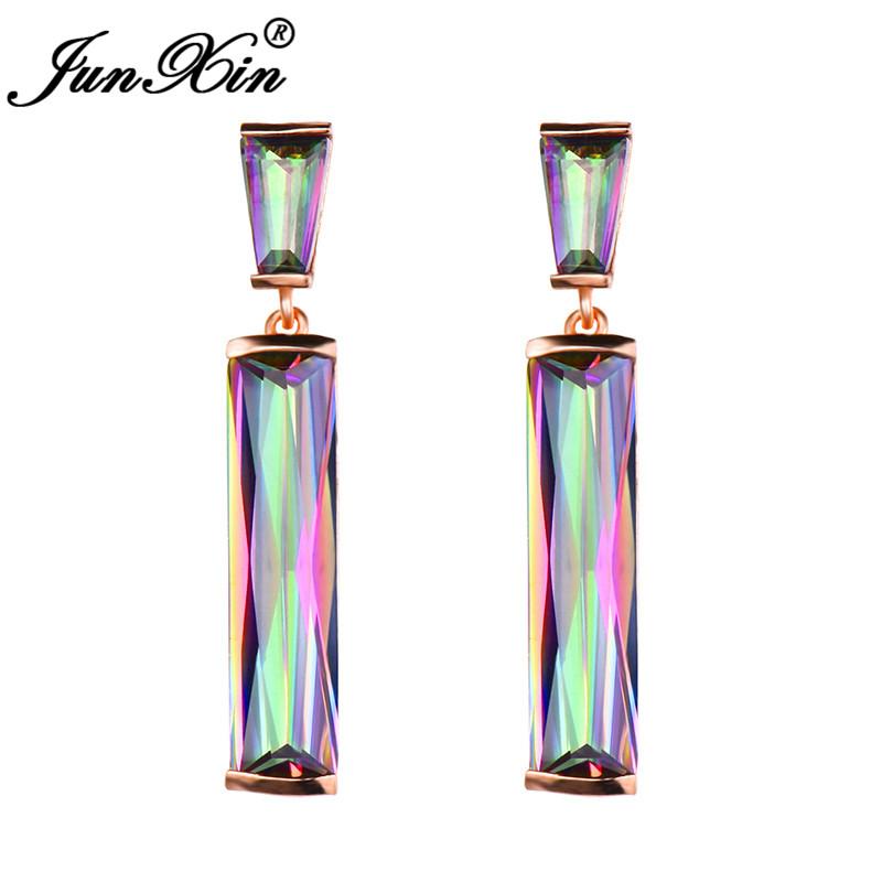 

JUNXIN Mystic Fire Birthstone Rectangle Drop Earrings For Women Rose Gold Filled Purple Blue White Zircon Long Rainbow Earrings