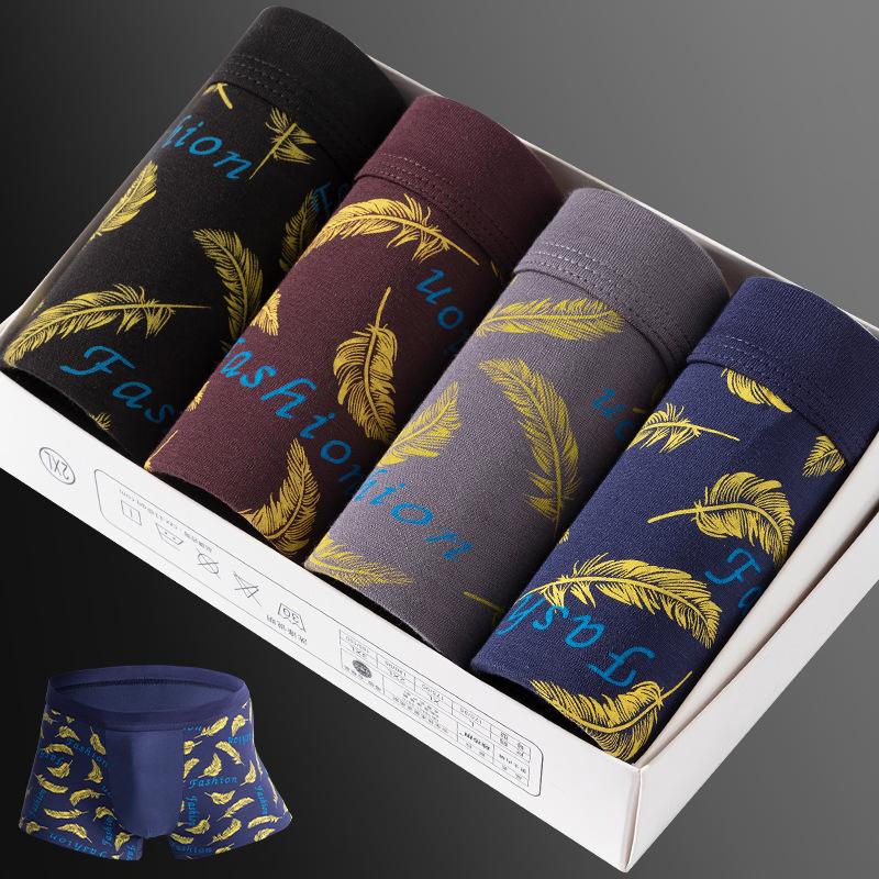 

4 Article Boxed Modal MEN'S Underwear Medium Waist Printed Boxers Cotton Male Four Corners Boxers a Generation of Fat, 4 color a box
