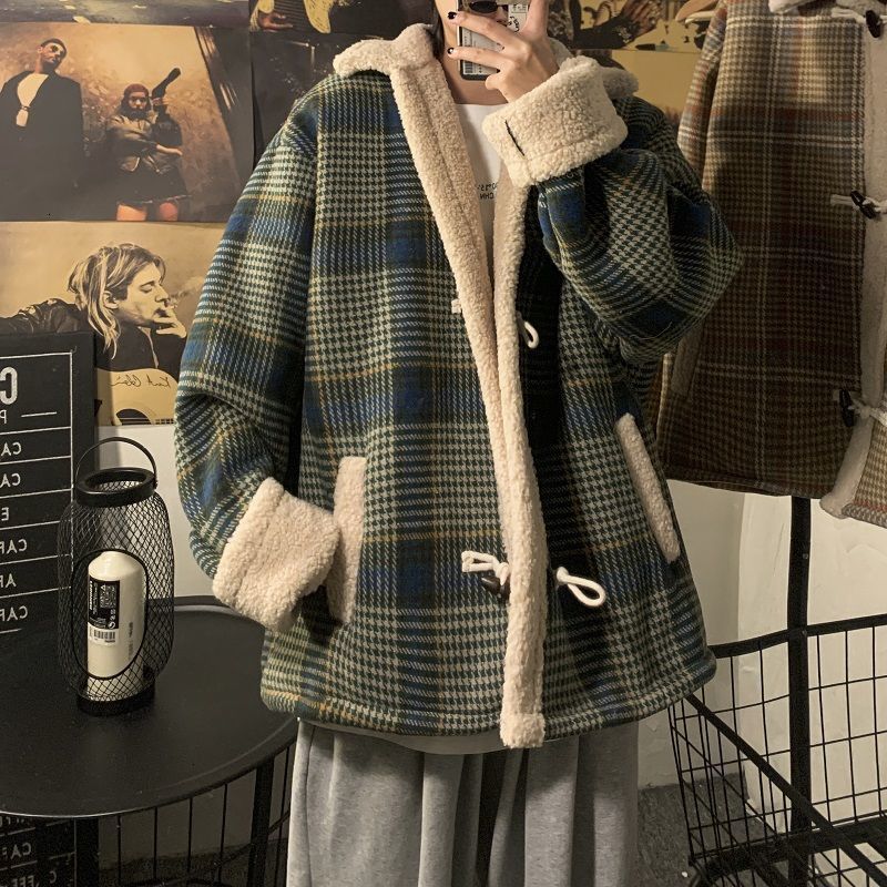 

2021 Men' Casual Oversize Coats Winter New Woman Korean Streetwear Plaid Hip Hop Long Sleeve Warm Jackets O0r4, Green