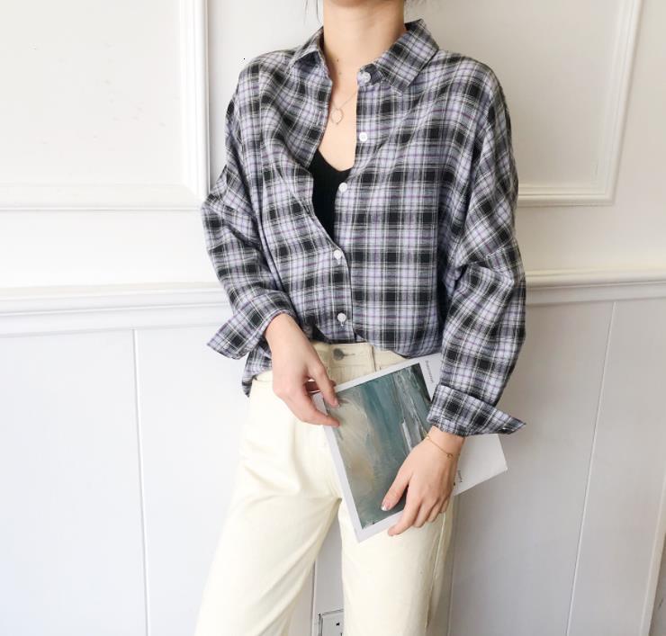 

2021 New Women's Mixture Cotton Linen Plaid Shirt Hibk, Picture color