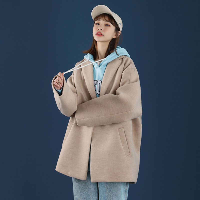 

2021 Woman Japanese Style Woolen Coat Man Warm Thickened Streetwear Coats Male Solid Color Long Sleeve New Clothing P8mn, Khaki