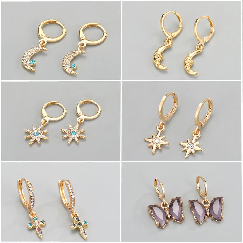 

1Pair New Cute Shiny Crystal Star Moon Hoop Earrings For Women Simple Vintage Cross Butterfly Pendant Small Ear Stud Jewelry