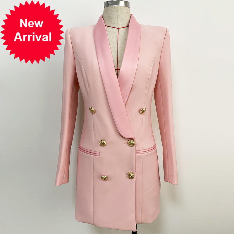

Design 2021 New of Brand Elegant Winter Designer Women's Metal Jacket Lion Buttons Shawl Collar Long Blazer Thin New Clothes LNWC, White