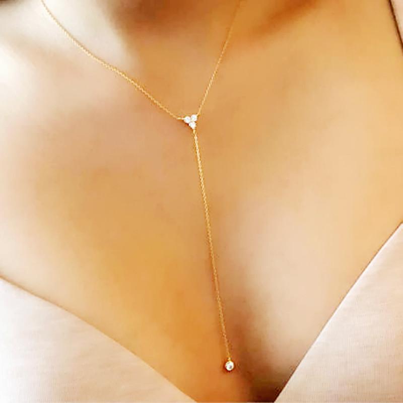 

2020 pure 925 Sterling silver simple long chain lariat thin women necklace triangle round cz charm Y shaped minimal deilcate