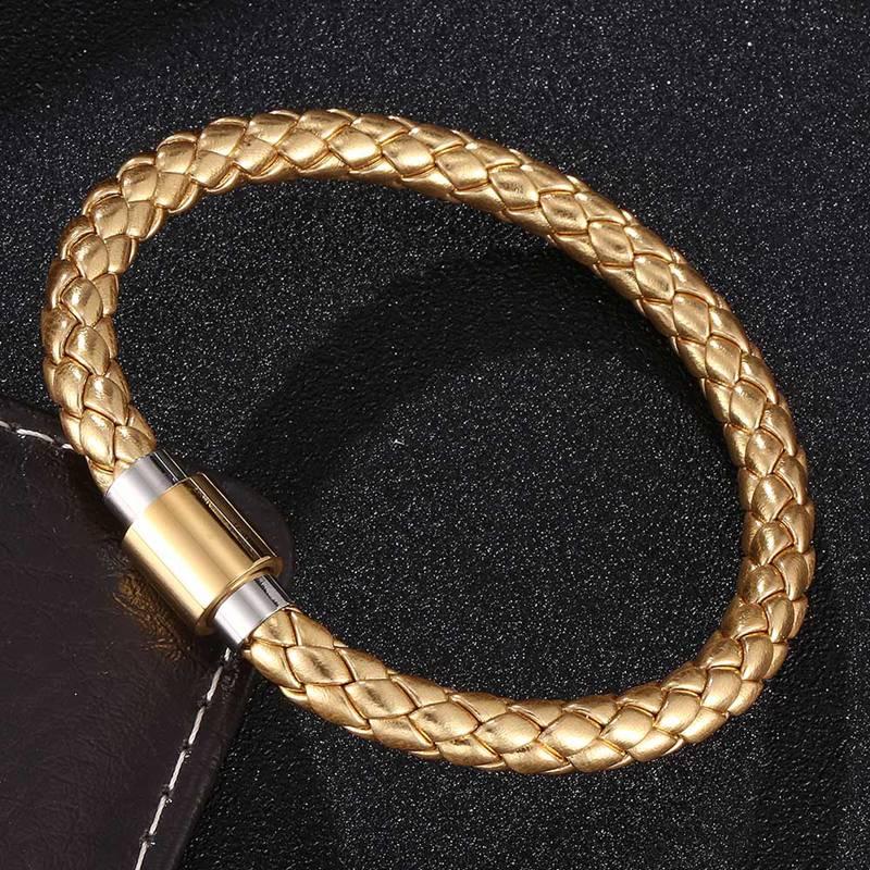 

New Men Leather Braclets Luxury Gold Braided Rope Chain Bracelet Stainless Steel Clasp Male Jewelry Charm BB0525J