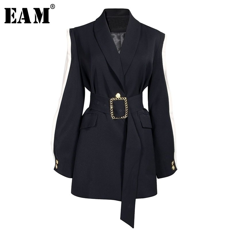 

[EAM] Loose Fit Black Spliced Hit Color Belt Jacket New Lapel Long Sleeve Women Coat Fashion Tide Spring Autumn 1A879 201112