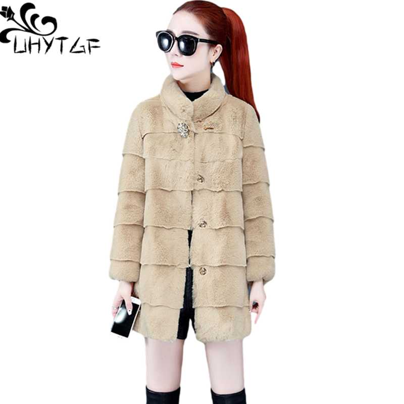 

UHYTGF Quality Mink Fleece Winter Fur Coat Women Mid-Length Casual Warm Jacket New Pure Color Wild Elegant Female Outerwear 1400, Beige
