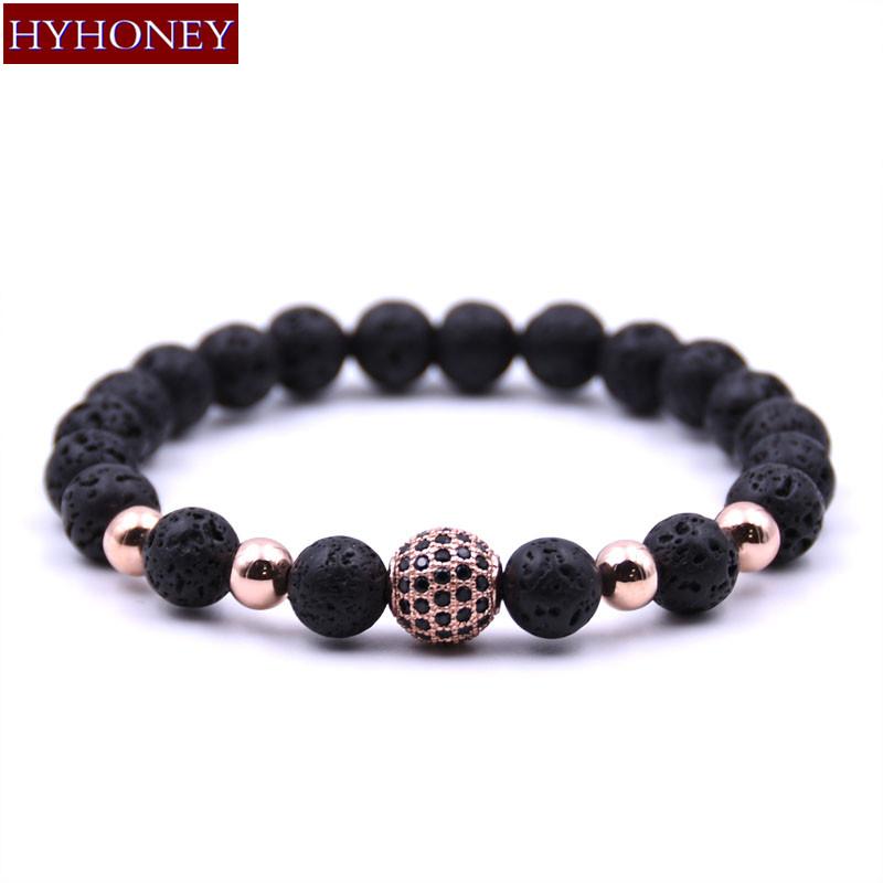 

Charm Bracelets HYHONEY Fashion Micro Pave CZ Zirconia Ball Bracelet Lava Natural Stone Male Beads For Women Jewelry Pulsera