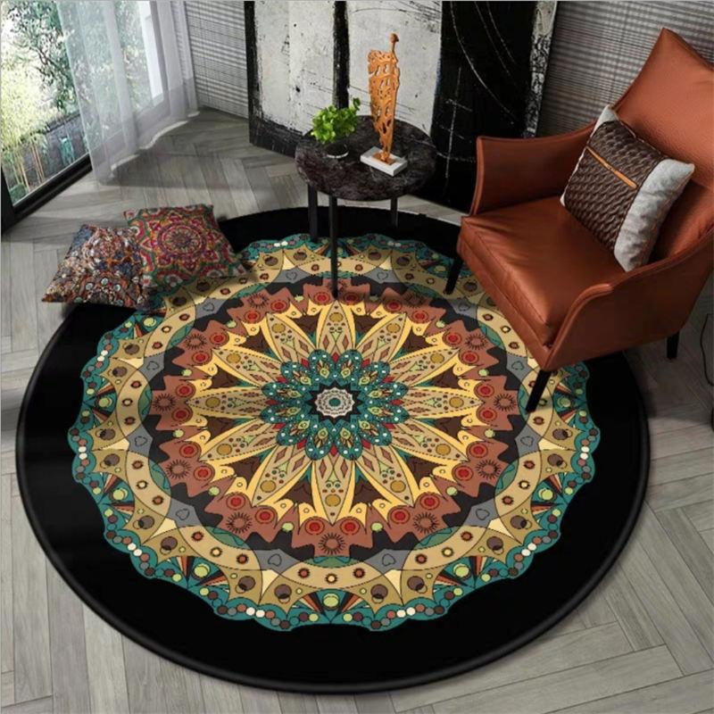 

Bohemia Carpets for Living Room Non-slip Round Rug Area Rug for Bedroom Floor Mat Vintage Black Mandala Flower Pattern, As shown