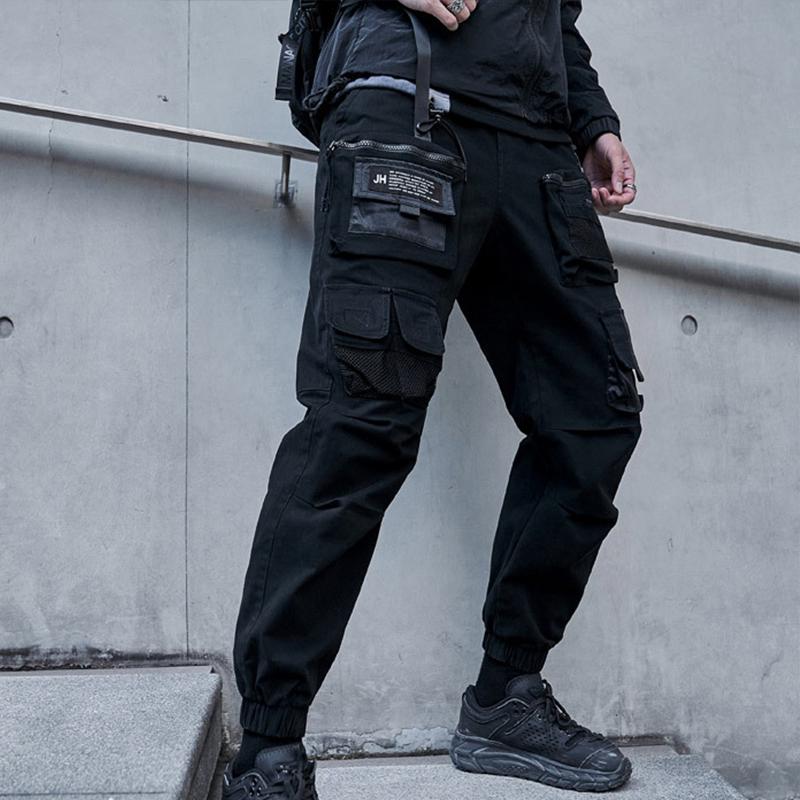 

Hip Hop Pockets Techwear Cargo Pants Men Streetwear Japan Style Tactical High Street Men's Pencil Trousers Mesh Pants, Black pants