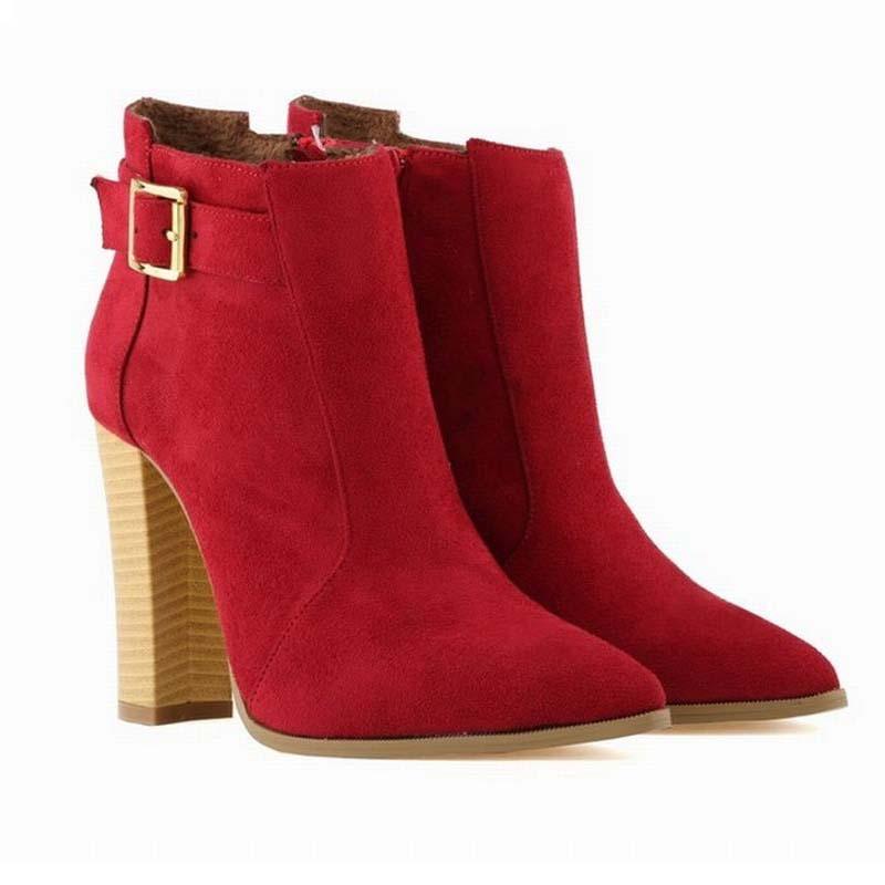 

women sexy pointed toe high heels ankle booties fashion thick high heeled buckle ladies party wedding boots big size shoes 35-42, Gray