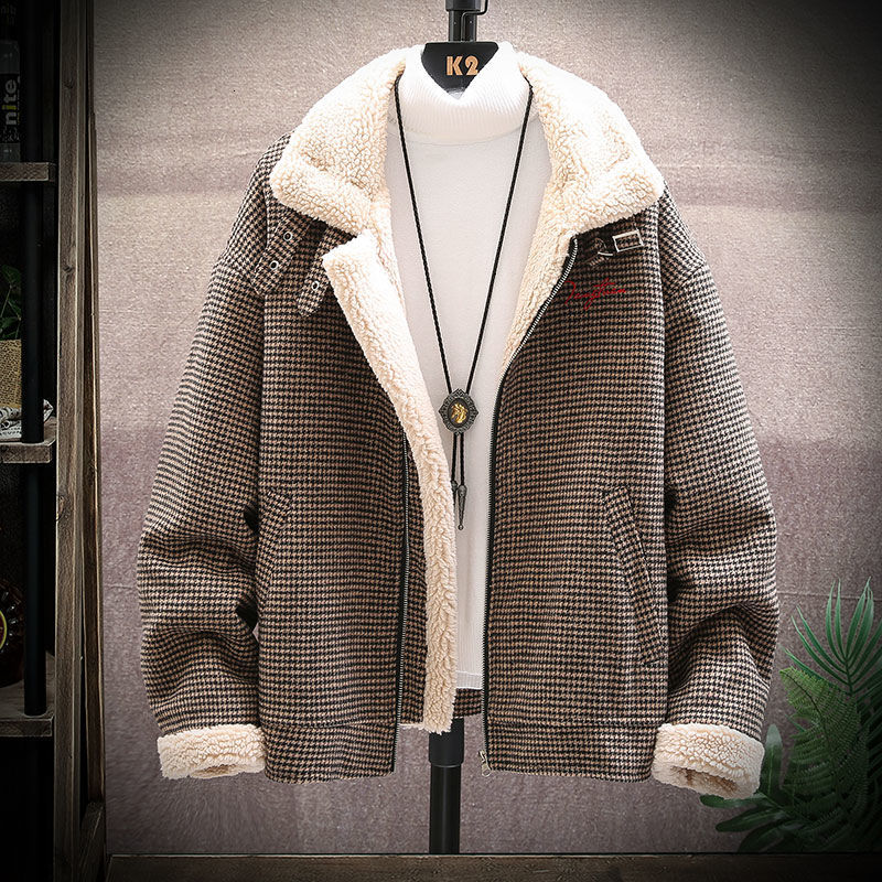 

2021 Men's Cotton Quilted Coat -autumn-winter New Lambskin Wool Wrapped Warm Cotton-quilted Leather Jacket Male Youth 9OQU, Black