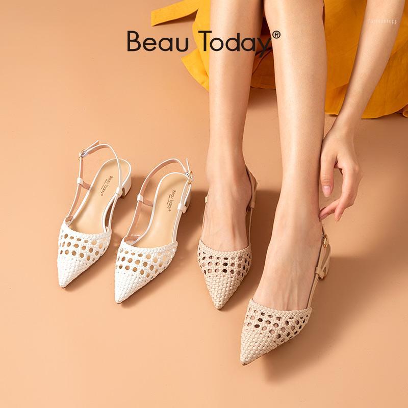 

BeauToday Sandals Women Genuine Cow Leather Weaving Detail Pointed Toe Buckle Strap Summer Ladies Med Heel Shoes Handmade 310941, Black