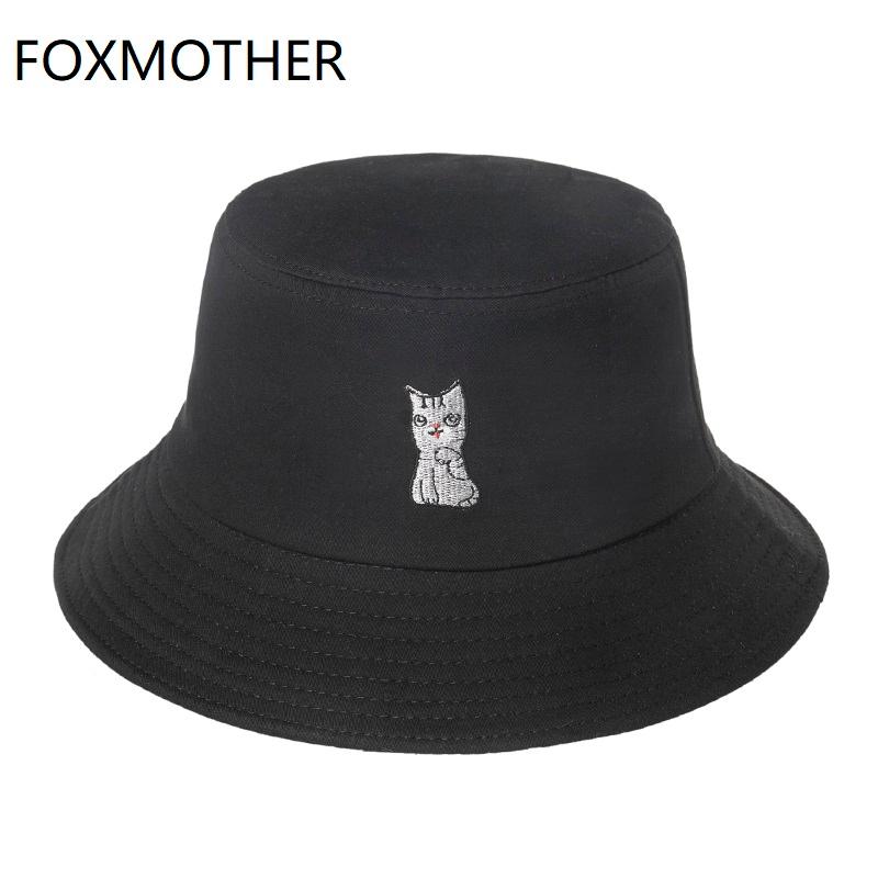 

FOXMOTHER New Fashion Cute Black Pink Orange White Animal Cat Pattern Fishing Caps Gorras Casquette Bob Bucket Hats For Women
