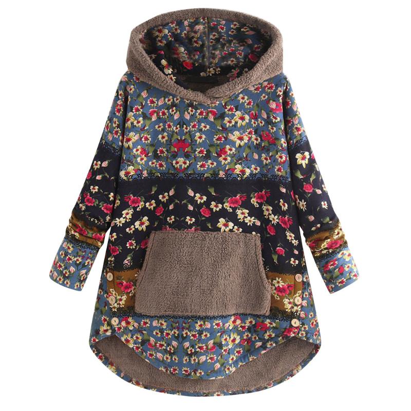 

2020 Women Tops Ladies Fleece Patchwork Floral Print Long Sleeve Pockets Plus Size Hoodie Top women coats and jackets Mujer, Blue