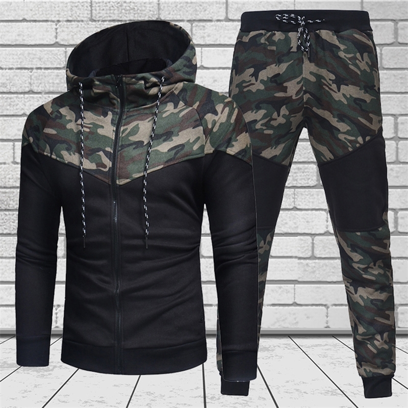 

Tracksuit Men Autumn Men Camouflage 2 Piece Set Long Sleeve Shirt and Pants Set Men Workout Clothes Jogging Suit Sportswear 201201, Black