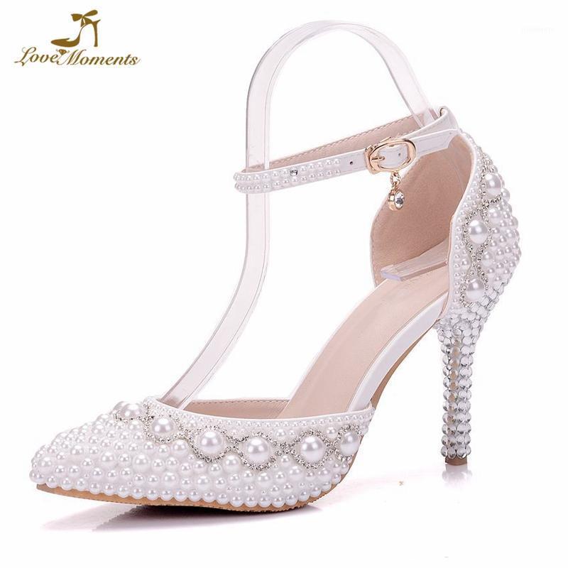 

Women Summer Shoes White Pearl Diamond Wedding Shoes High Heels Pointed Toe Bride Dress Show Party Sandals Ankle Straps1, White 9cm heels