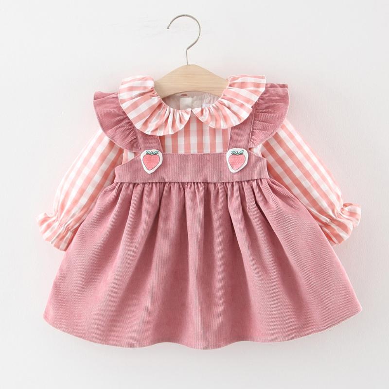 

Baby Kids Dress Toddler Baby Kids Girls Dresses Ruffles Plaid Strawberry Clothes Patchwork Casual Dress Clothes, Pink