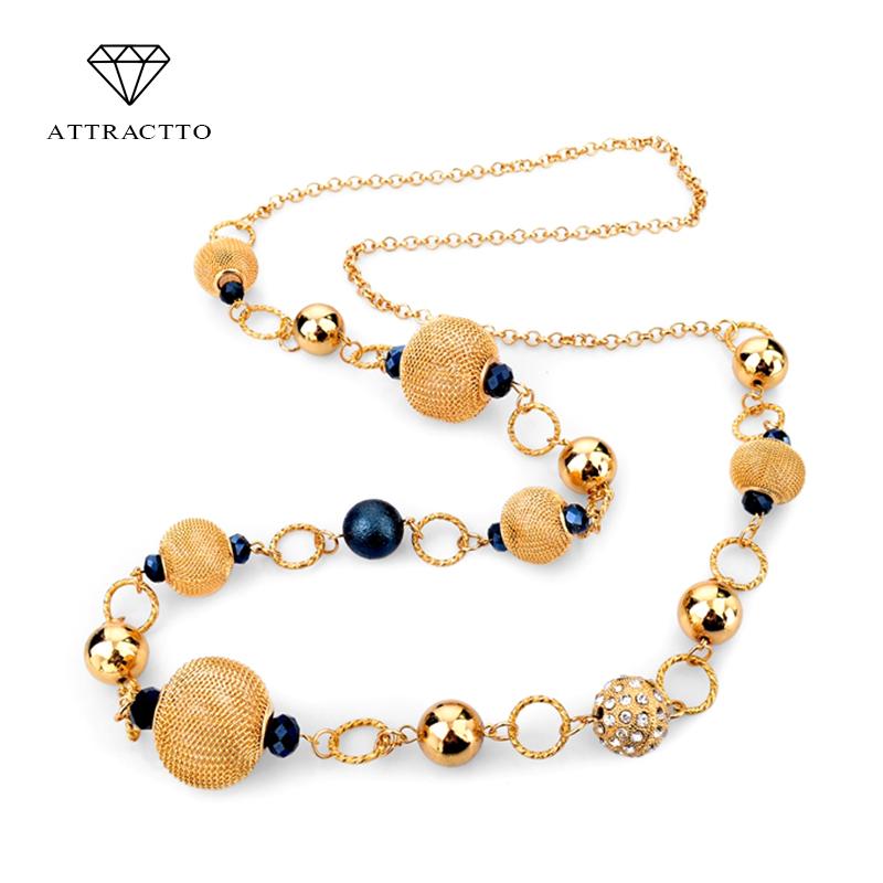 

ATTRACTTO Unique maxi Long Necklaces Colliers Yellow Crystal Beads Women Vintage Silver Gold Chain Necklace jewelry SNE150827