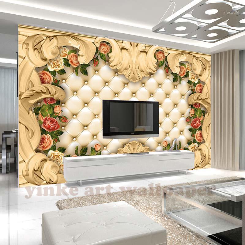 

Custom 3D Photo Wallpaper Europe frame luxury rose leather Soft Bedding Room Sofa Backdrop Mural Wall Paper For The Walls 3D1, As pic