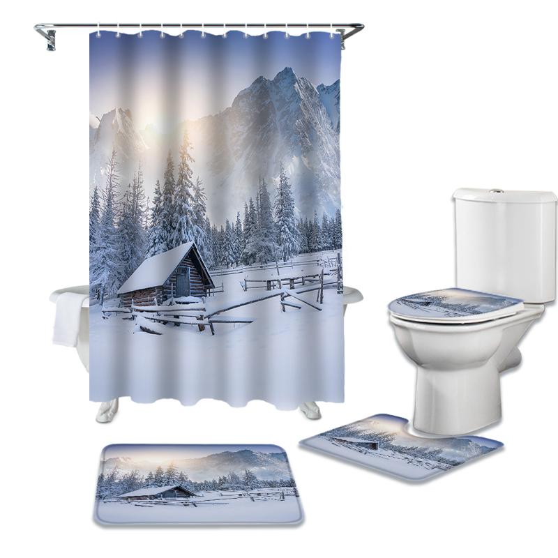 

Winter Snow Mountain Morning Scenery House Waterproof Bath Shower Curtain Rug Set Bath Mat Toliet Cover Polyester Shower Curtain