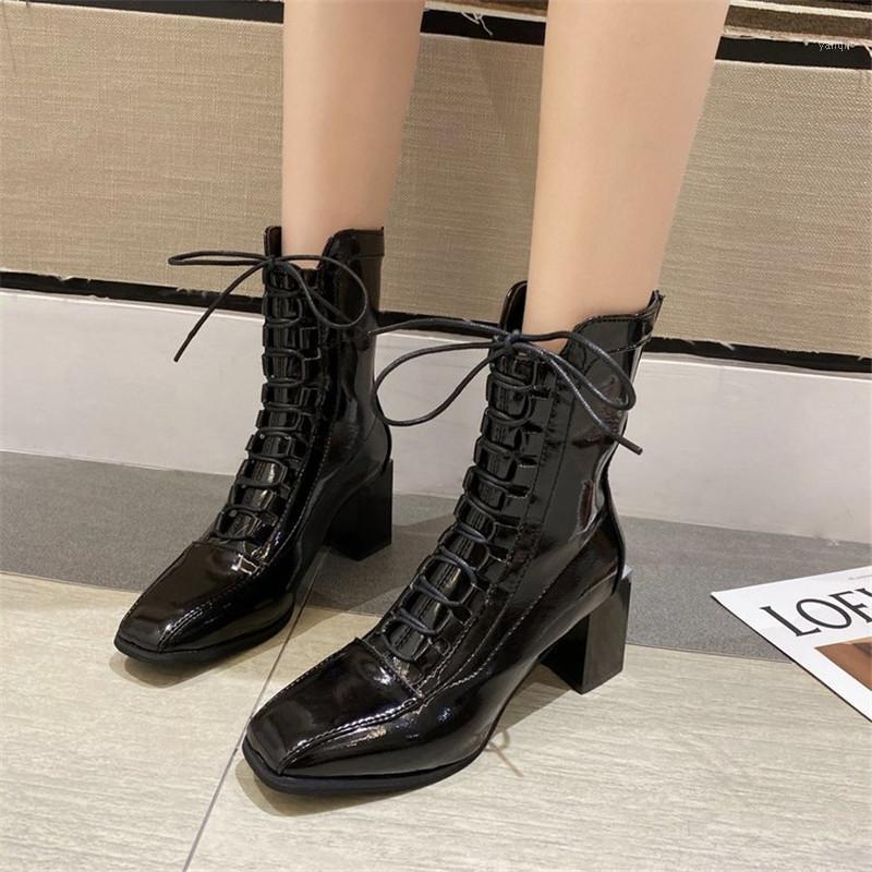 

2020 New Autumn Winter Shoes Women Boots high quality Leather Platform Boots for Women ankle Lace up Botas Mujer1, Yellow brow