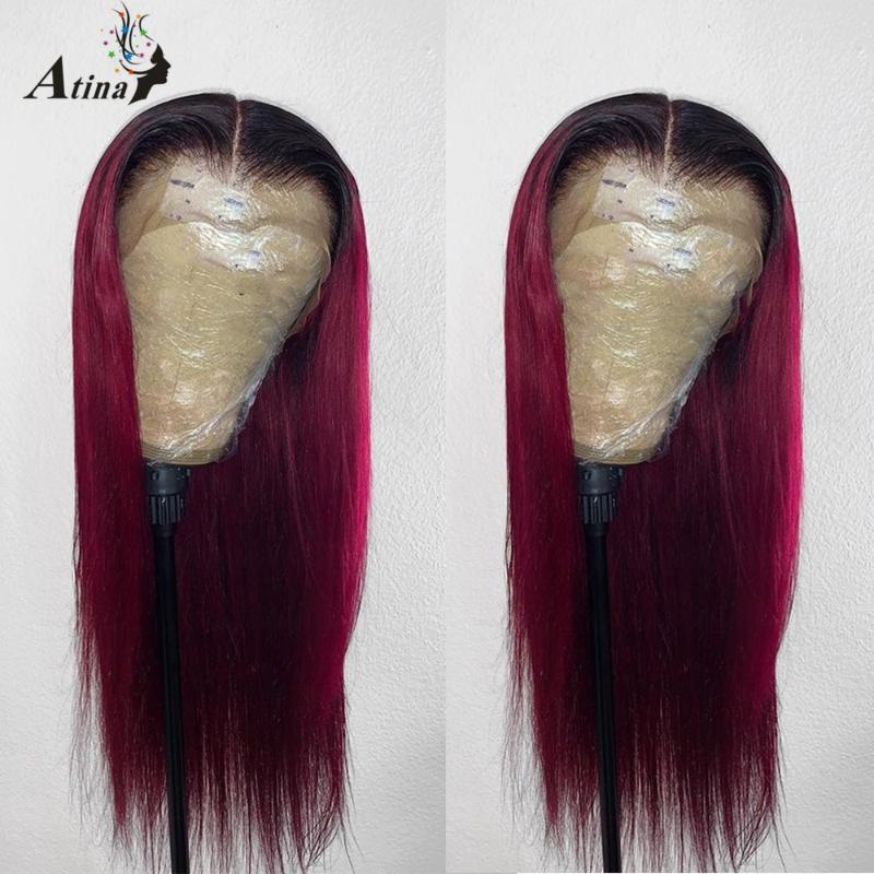 

Pre Plucked Human Hair Wig Ombre Colored Red 99J Burgundy Straight HD Transparent Glueless Remy Lace Frontal Wig For Black Women, As pic