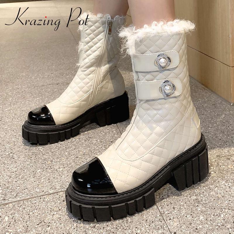 

Krazing Pot 2020 new arrival round toe high heel snow boots mixed color pearl decoration princess style sweet mid-calf boots L07, Black