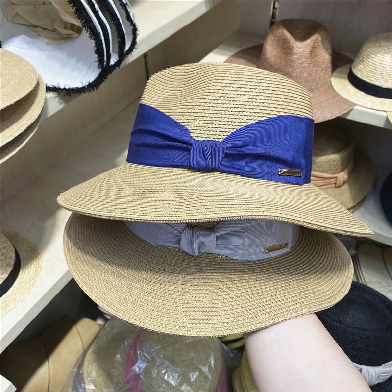 

Wide Brim Hats Handmade Women's Summer Small Fresh Flat Top Minority Lafite Straw Sun Hat, Sky blue