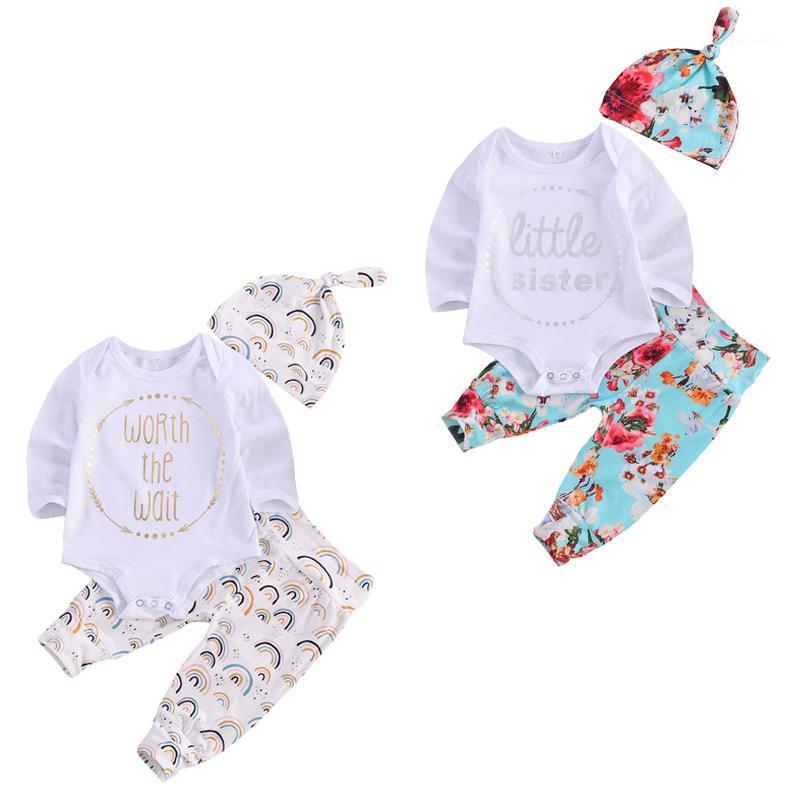 

FOCUSNORM Newborn Baby Girls Boys Clothes Sets 3pcs Letter Print Long Sleeve Romper Tops Floral Pants Hats 0-12M1