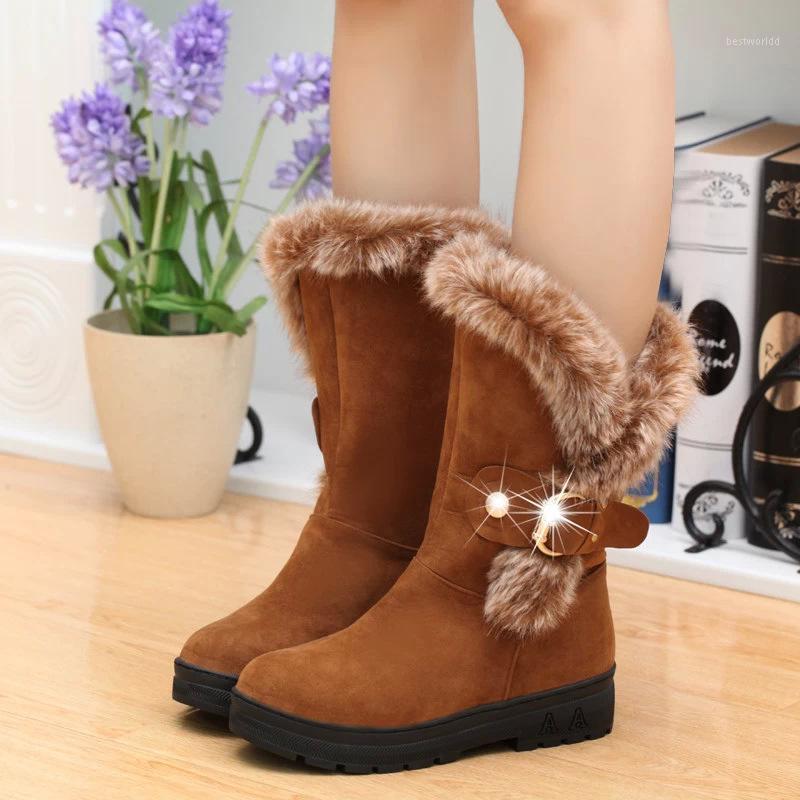 

Women Winter Zip Flock Ankle Bukle Artificial Fur Boots Shoes Ladies Warm Cotton Plush Padded Boots Big Size 36-411, Brown