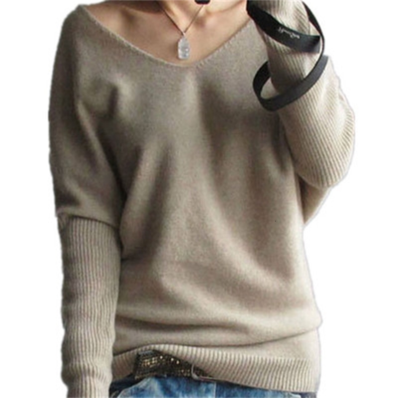 

2021 New Autumn Winter Sexy V-neck Batwing Sleeve Loose Warm Knitted Plus Size Women Pullover Cashmere Sweater N4sx, Sky blue