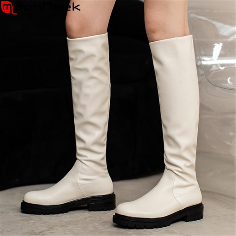 

MoonMeek 2021 Genuine leather boots med heels round toe simple women boots solid color winter knee high black rice white, Black not fur