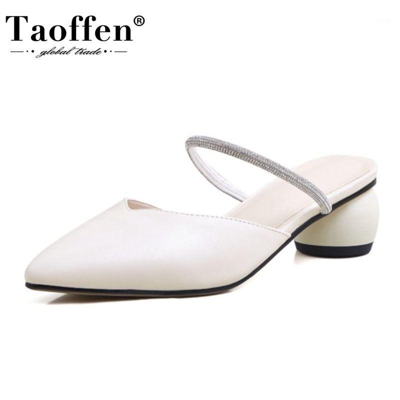 

Taoffen Women Sandals Shoes Fashion Thick Heels Little Crystals Shoes Women Pointed Toe Slip On Outdoor Slippers Size 31-431, Beige