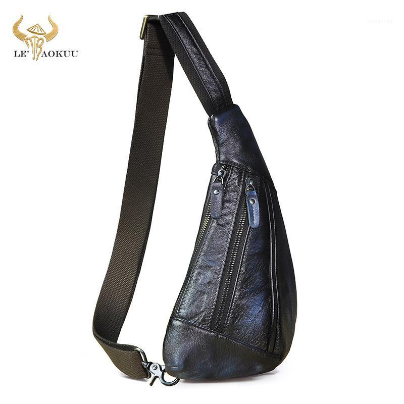 

Luxury Quality Leather Men Fashion Blue Travel Triangle Chest Sling Bag Design 8" Tablet One Shoulder Bag Day-pack Male 88071, Brown