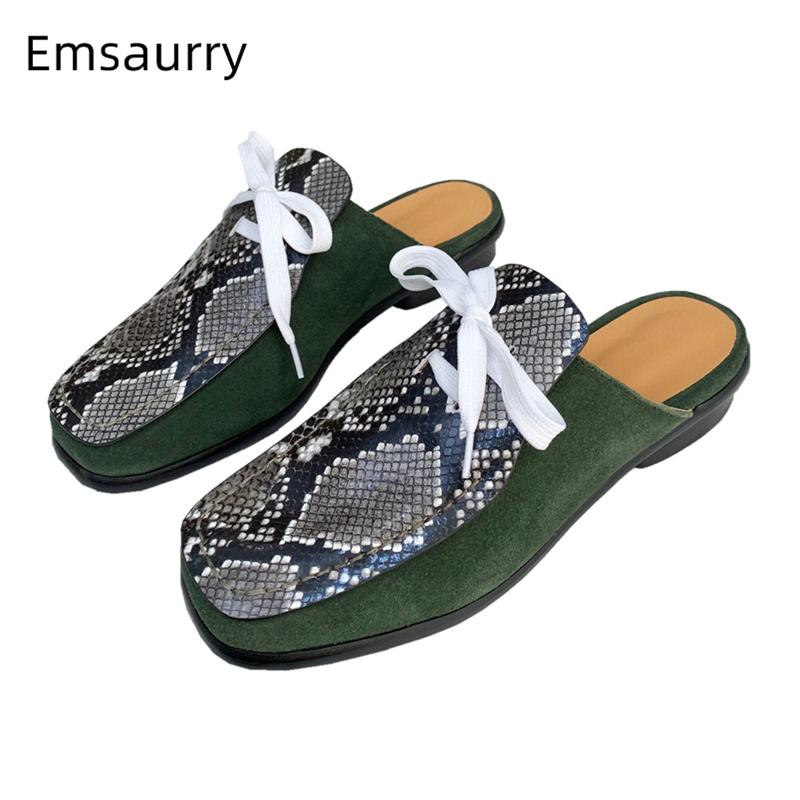 

Sexy Serpentine Real Leather Lazyman Mules Lady Flat Heel Square Toe Sewing Lace-Up Knitted Spring Autumn Women Slippers, Black