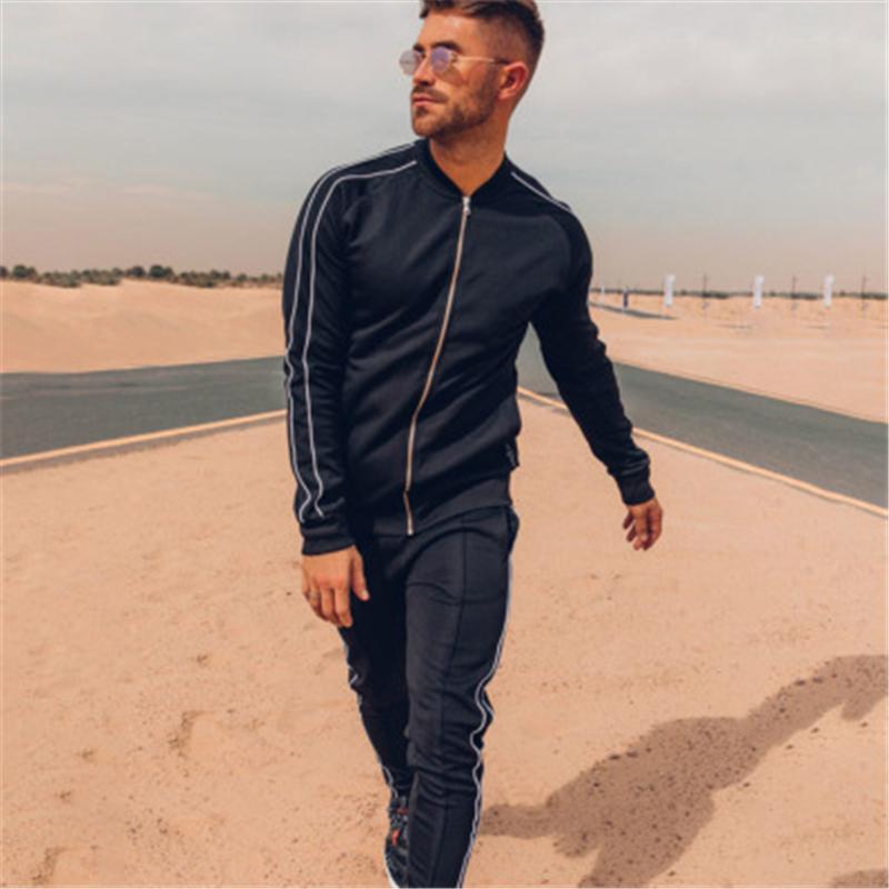 

Mens Stripe Sports Sets Clothing Fashion Trend Long Sleeve Zipper Jacket Pant Suits Man Spring New Slim Casual Fitness Running Tracksuits, Gray