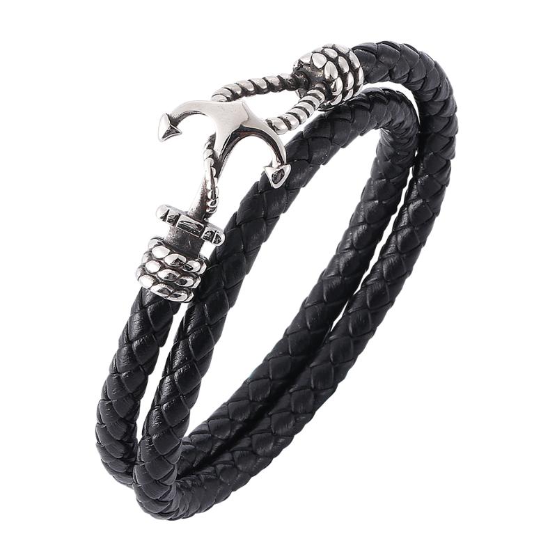 

Vintage punk style men's double woven leather bracelet Stainless steel magnetic buckle sleek minimalist charm bracelet 7-PW756