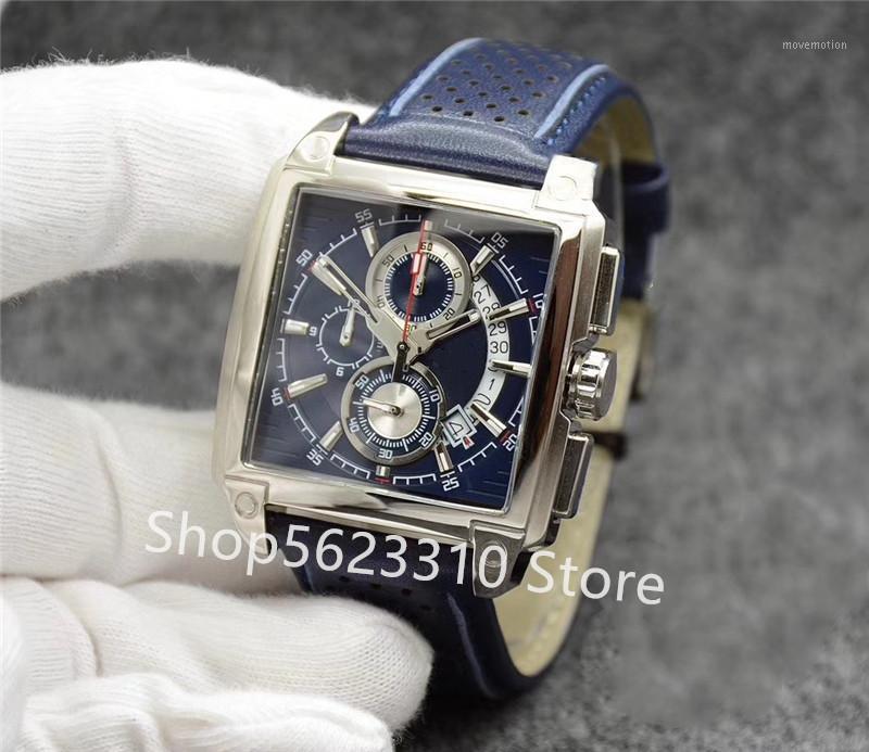 

New Classic Multi-function Chronograph Men Stopwatch Silver Sapphire Quartz Black Leather Sport Calendar Watches Square Clock1, Only number 2