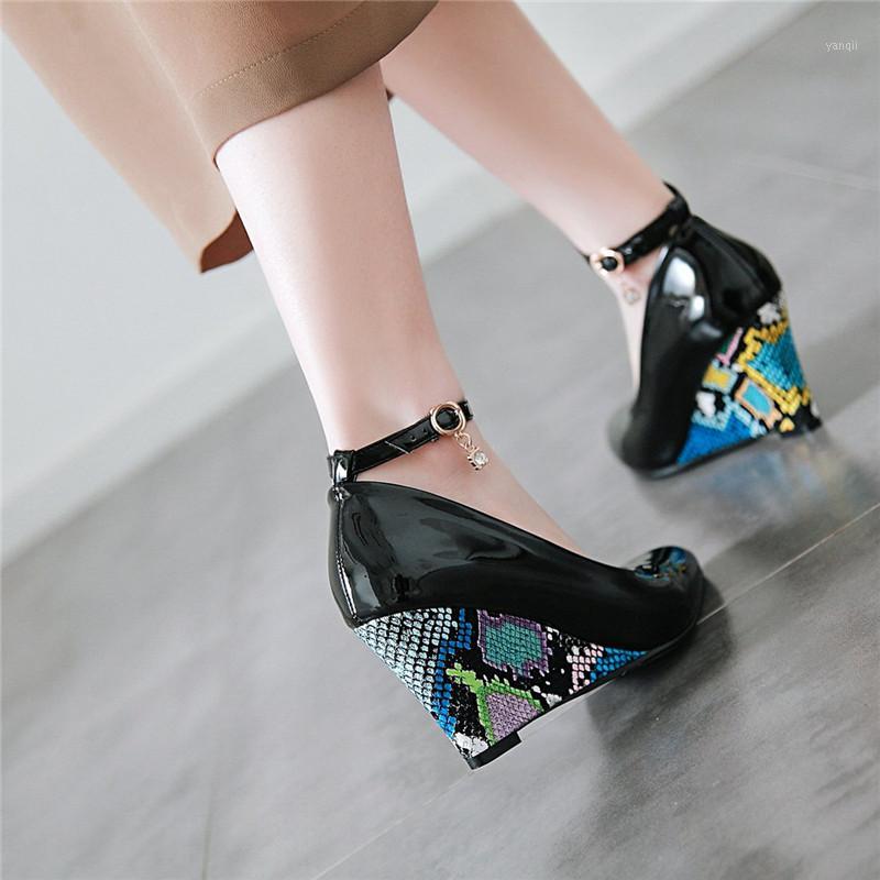 

YMECHIC 2020 Fashion Office Dress Party High Heels Luxury Women Shoes Plus Size Wedges Ankle Strap Print Pumps White Black Red1, Beige