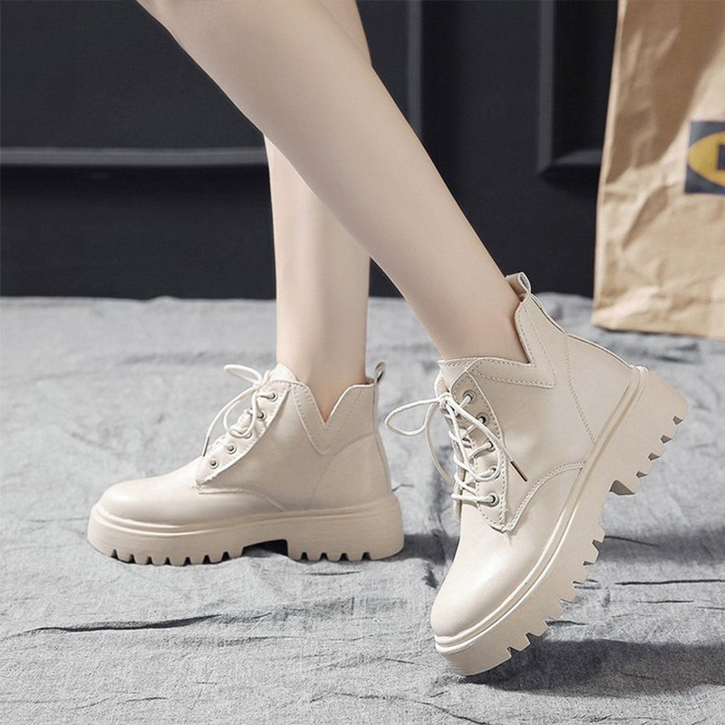 

2021 New Women Ankle Ladies Shoes Pu Leather Fashion Lace Up Cool Casual Boots Woman Winter Autumn Shoe Ageo, Black
