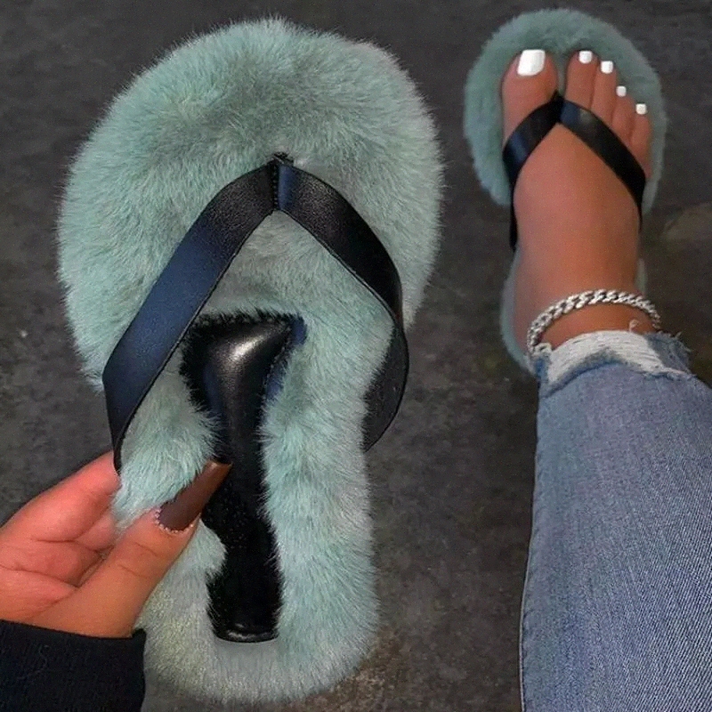 

Autumn New Women's Sandals Flat Slippers Open Toe Solid Color Plush Outdoor Plus Size 35-43 Zapatillas Mujer Casa #vx5B